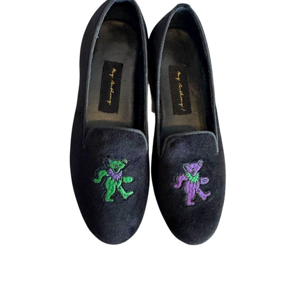 Grateful Dead Black Velvet Loafers with Green & Purple Bear Embroidery